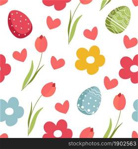 Decorated painted eggs with ornaments and lines, flourishing tulips and cute hearts. Christian religious holiday in spring. Easter preparation and celebration. Seamless pattern, vector in flat style. Easter pattern with tulips bouquet and eggs vector
