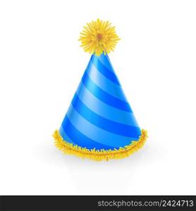 Decorated party hat with strips. Celebration, design, fun. Birthday concept. Can be used for greeting cards, posters, leaflets and brochure. Decorated party hat