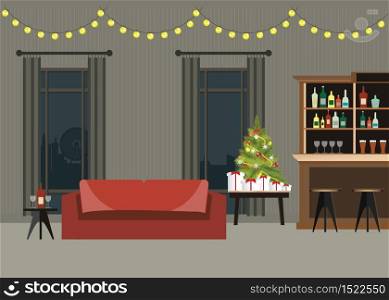 Decorated room interior with christmas tree, presents , furniture and counter bar, flat design vector illustration.