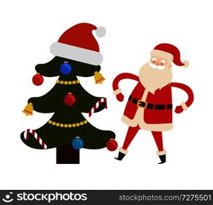Decorated spruce tree and Saint Nicholas character vector illustration isolated on white. New Year fir and Santa Claus vector illustration poster. Decorated Spruce Tree and Saint Nicholas Character