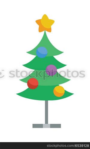 Decorated with toys and star christmas tree icon. Fir or Pine on metal stand cartoon flat vector isolated on white. Celebrating Merry Christmas, Happy New Year. For Christmas greeting card, invitation. Decorated with Toys and Star Christmas Tree Icon. Decorated with Toys and Star Christmas Tree Icon