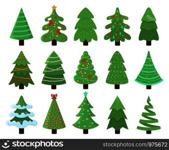 Decorated xmas trees. New Years tree with heralds, striped christmas pine. 2020 winter holidays party green fir with garland decoration. Isolated vector illustration icons set. Decorated xmas trees. New Years tree with heralds, striped christmas pine vector illustration set