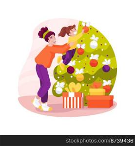Decorating Christmas tree isolated cartoon vector illustration. Happy mom and smiling daughter decorating Christmas tree at home together, xmas holiday prepation with fun vector cartoon.. Decorating Christmas tree isolated cartoon vector illustration.