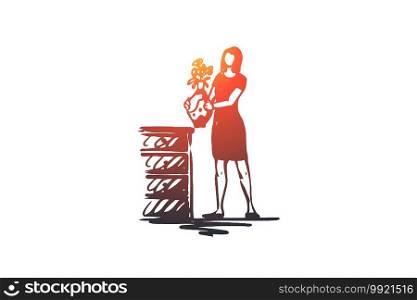 Decorating, flowers, woman, home, cozy concept. Hand drawn woman with flowers in vase concept sketch. Isolated vector illustration.. Decorating, flowers, woman, home, cozy concept. Hand drawn isolated vector.