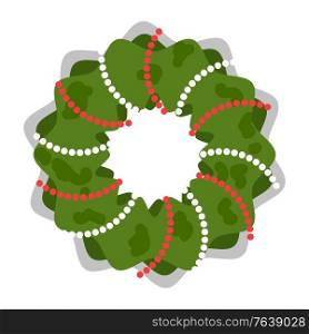 Decorating for Christmas celebration vector. Isolated wreath made of pine tree branches and colorful garlands or tape. Xmas decor, new year preparation. Foliage of firtree for winter holidays. Wreath with Garlands Christmas Decoration Icon