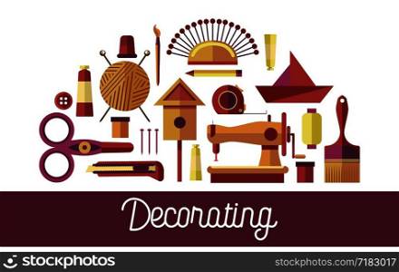 Decorating handicraft tools and art design instruments icons for hobby poster. Vector creative craft workshop or DIY for handmade painting, knitting or tailoring and origami or woodwork decor studio. Creative decoration art vector handicraft tools