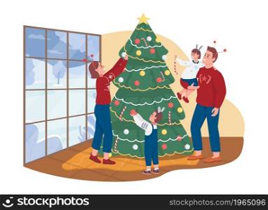 Decorating xmas tree together 2D vector isolated illustration. Wintertime holidays. Celebrating traditions with parents and kids. Family flat characters on cartoon background. New Year colourful scene. Decorating xmas tree together 2D vector isolated illustration