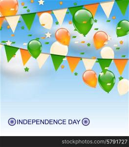 Decoration Buntings Flags Garlands and Balloons. Illustration Decoration Buntings Flags Garlands and Balloons in Traditional Tricolor of Flag on Blue Sky for Indian Independence Day - Vector