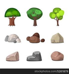 Decoration Elements Set. Deciduous trees and stones decoration for park and garden elements set isolated on white background flat vector illustration