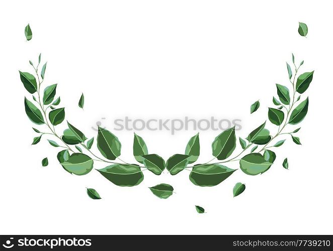 Decoration with branches and green leaves. Spring or summer stylized foliage. Seasonal illustration.. Decoration with branches and green leaves. Spring or summer stylized foliage.