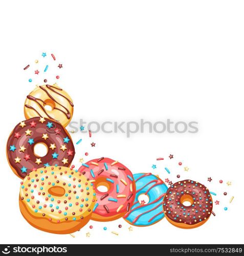 Decoration with glaze donuts and sprinkles. Background of various colored sweet pastries.. Decoration with glaze donuts and sprinkles.