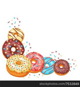 Decoration with glaze donuts and sprinkles. Background of various colored sweet pastries.. Decoration with glaze donuts and sprinkles.