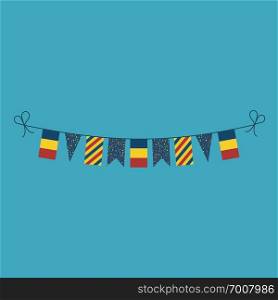 Decorations bunting flags for Romania national day holiday in flat design. Independence day or National day holiday concept.