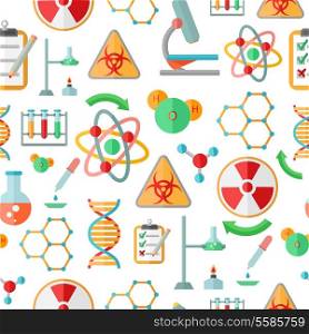 Decorative abstract chemistry dna research symbols and microscope code formulas seamless background pattern design flat vector illustration