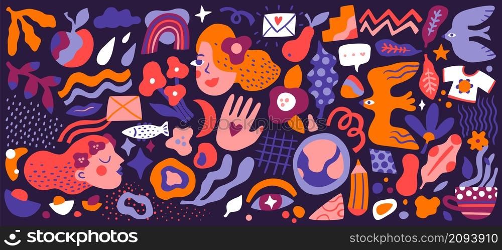 Decorative abstract elements. Modern trendy symbols. Color spring birds and women faces. Freehand style. Flowers and fruits. Doodle grids and lines. Paint stains. Vector various creative shapes set. Decorative abstract elements. Modern trendy symbols. Spring birds and women faces. Freehand style. Flowers and fruits. Doodle grids and lines. Paint stains. Vector creative shapes set