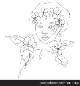 Decorative abstract floral shapes and line art woman portrait, modern retro style.
