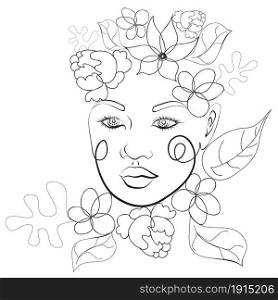 Decorative abstract floral shapes and line art woman portrait, modern retro style.