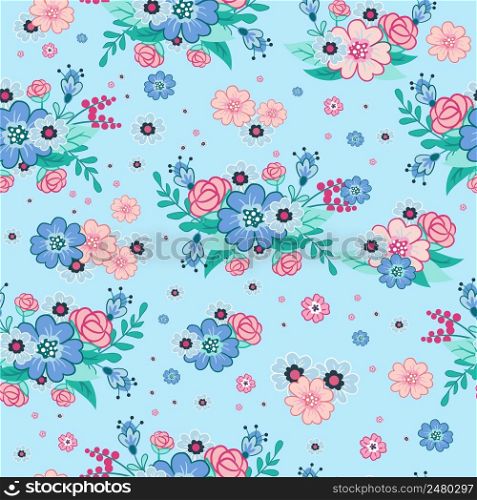 Decorative abstract flowers print. Seamless floral pattern on blue background. Plant design for fabric, cloth design, covers, manufacturing, wallpapers, print, gift wrap and scrapbooking.. Decorative abstract flowers print seamless floral pattern blue