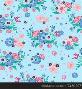 Decorative abstract flowers print. Seamless floral pattern on blue background. Plant design for fabric, cloth design, covers, manufacturing, wallpapers, print, gift wrap and scrapbooking.. Decorative abstract flowers print seamless floral pattern blue