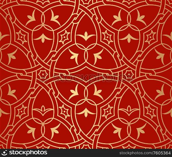 Decorative abstract geometrical golden seamless pattern on a red background. Traditional oriental ornament. Vector illustration.