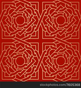 Decorative abstract geometrical golden seamless pattern on a red background. Traditional oriental ornament. Vector illustration.