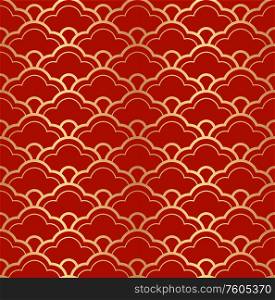 Decorative abstract golden seamless pattern on a red background. Traditional oriental ornament. Vector illustration.