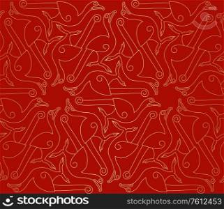 Decorative abstract golden seamless pattern with birds on a red background. Traditional oriental ornament. Vector illustration.