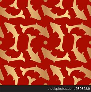 Decorative abstract golden seamless pattern with fish on a red background. Traditional oriental ornament. Vector illustration.