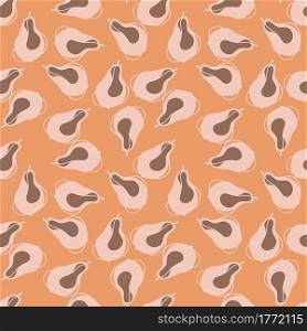 Decorative abstract little pear fruits seamless pattern. Orange background. Food summer harvest backdrop. Great for fabric design, textile print, wrapping, cover. Vector illustration.. Decorative abstract little pear fruits seamless pattern. Orange background. Food summer harvest backdrop.