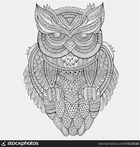Decorative abstract ornamental Owl. Vector hand drawn illustration. Decorative ornamental Owl