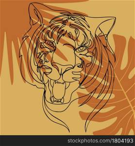 Decorative abstract tiger portrait in line art style with tropical leaves background.