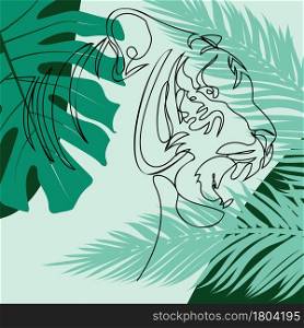 Decorative abstract tiger portrait in line art style with tropical leaves background.