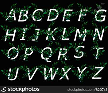 Decorative alphabet decorated with green branches for the design of postcards, banners, cards and logos. Vector illustration