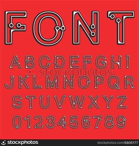 Decorative alphabet font template. Letters and numbers dots design. Vector illustration.. Dots font alphabet