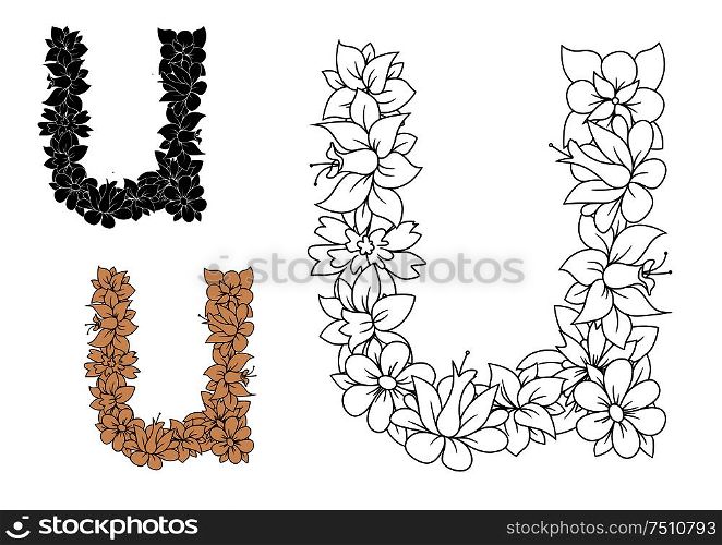 Decorative alphabet letter u in lowercase font with vintage floral pattern in colorless outline, black and brown variations. Decorative letter u with vintage floral pattern
