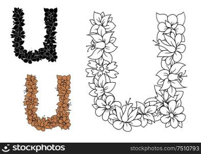 Decorative alphabet letter u in lowercase font with vintage floral pattern in colorless outline, black and brown variations. Decorative letter u with vintage floral pattern