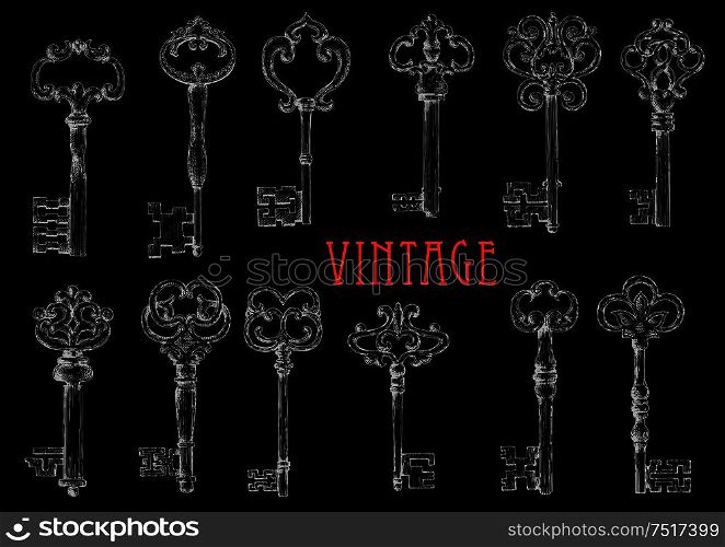 Decorative ancient skeleton keys with intricate notched bits chalk sketches on blackboard, ornated by vintage forged flourishes and fleur-de-lis elements. Use as tattoo or embellishment design. Chalk sketched antique skeleton keys on chalkboard