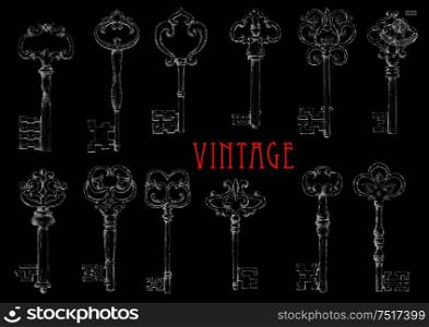 Decorative ancient skeleton keys with intricate notched bits chalk sketches on blackboard, ornated by vintage forged flourishes and fleur-de-lis elements. Use as tattoo or embellishment design. Chalk sketched antique skeleton keys on chalkboard