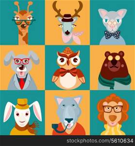 Decorative animal hipsters icons set cat bear owl lion isolated vector illustration