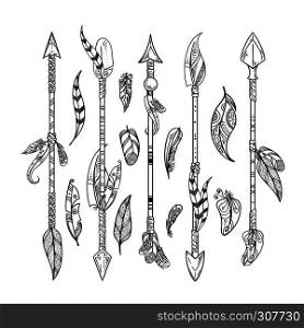 Decorative arrows and feathers set in boho style. Native indian vector ornament. Arrow decorative boho, illustration of ethnic tribal indian ornament. Decorative arrows and feathers set in boho style. Native indian vector ornament