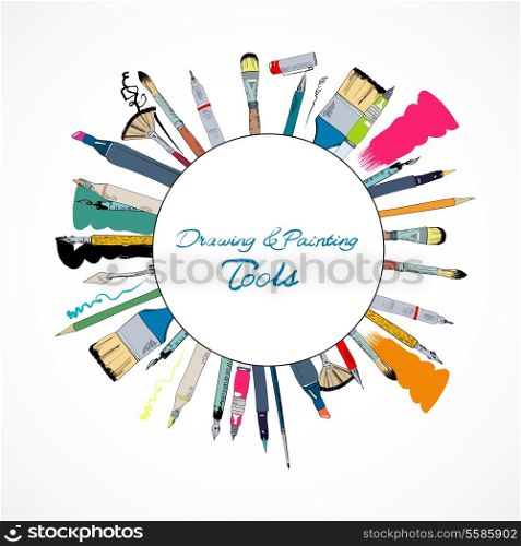 Decorative artist drawing tools flat angular brushes with paint strokes round template doodle sketch poster vector illustration