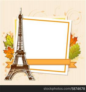 Decorative background with autumn leaves and Eiffel Tower
