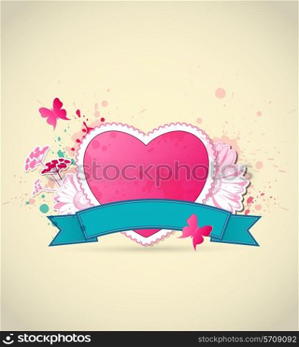 Decorative background with pink heart and flowers for Valentine&rsquo;s Day