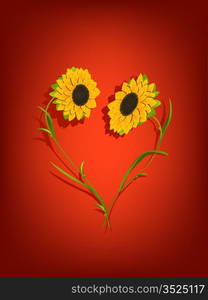 Decorative background with sunflowers forming a heart shape. Transparency effect and mesh gradient used.