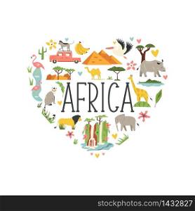 Decorative banner with famous symbols, animals of Africa. Explore Africa concept image. For banner, travel guides. Decorative banner with symbols, animals of Africa