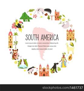Decorative banner with famous symbols, animals of South America. Explore Latin America concept image. For banner, travel guides. Decorative banner with symbols, animals of South America