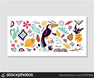 Decorative banner with tropical leaves and toucan for prints, decorations, greeting cards, invitations. Hand drawn textured elements. Decorative banner with tropical leaves and toucan