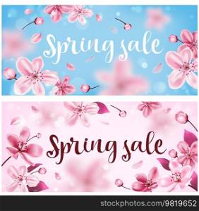 Decorative banners with pink cherry flowers. Spring floral background for seasonal sale. Vector illustration.