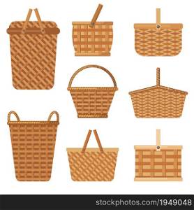 Decorative basket. Handcraft basket for products boxes for camping holiday hampers vector collection. Basket hamper to relaxation picnic, eco bag wicker illustration. Decorative basket. Handcraft basket for products boxes for camping holiday hampers vector collection