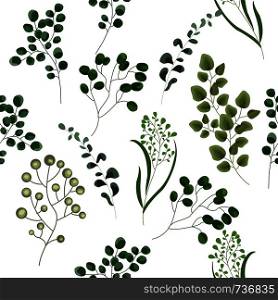 Decorative beauty elegant illustration for design, wedding, invitation cards. Vector elements of forest fern, tropical green eucalyptus greenery art foliage natural leaves herbs in watercolor style.